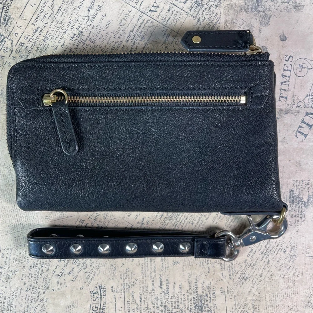 Fossil Becca Black Leather Wristlet Wallet Zip Around Organizer Clutch